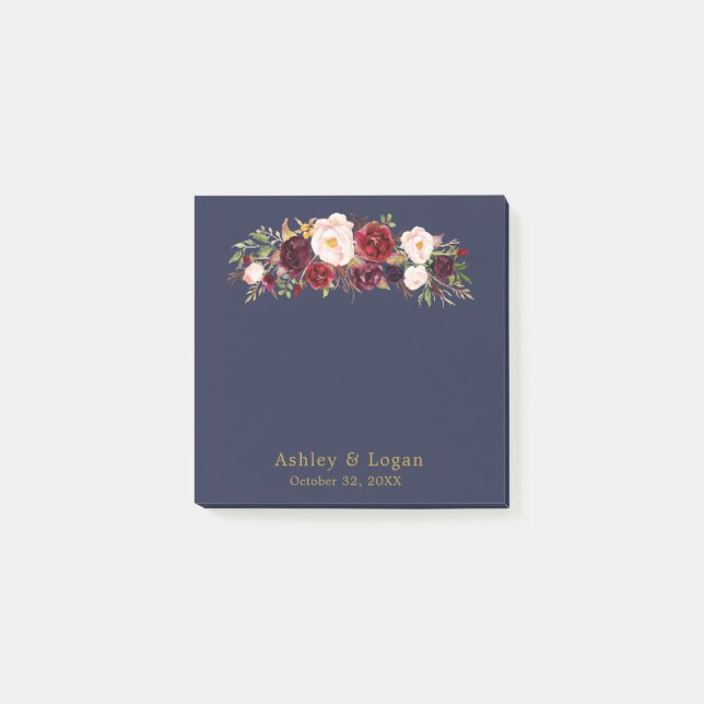 Marsala Navy Elegant Floral Wedding Post-it Notes (Front)