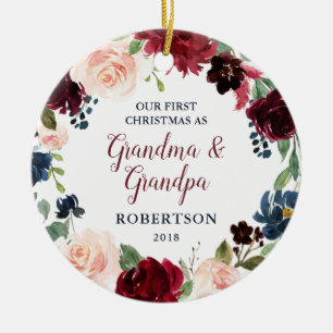 Marsala & Navy Floral Blush Roses Grandma Grandpa Ceramic Tree Decoration