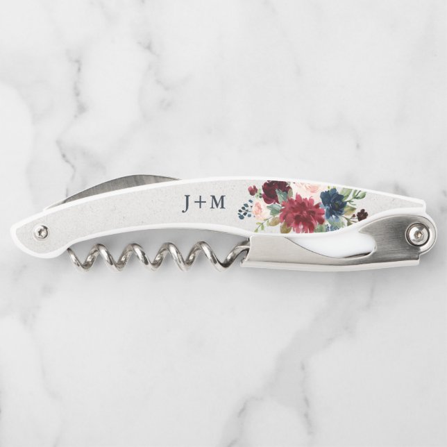 Marsala & Navy Floral Custom Wedding Favour Corkscrew (Back)