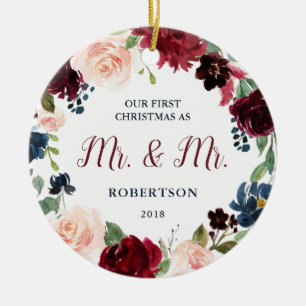 Marsala & Navy Floral First Christmas Mr & Mrs Ceramic Tree Decoration