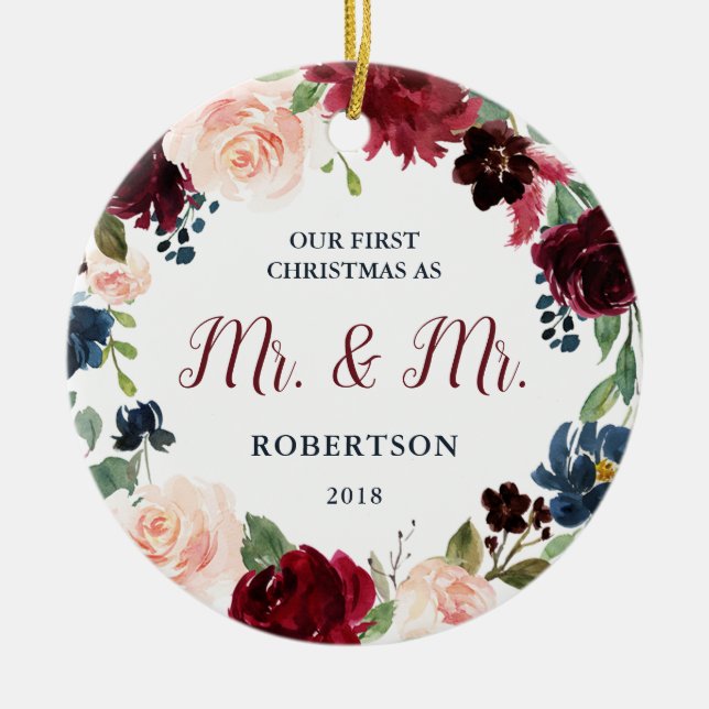 Marsala & Navy Floral First Christmas Mr & Mrs Ceramic Tree Decoration (Front)
