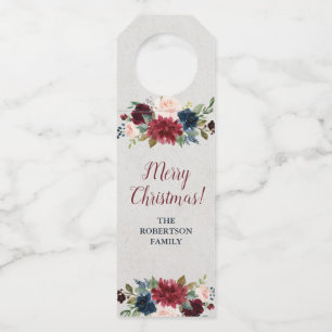 Marsala & Navy Floral Merry Christmas Wine Bottle Tag