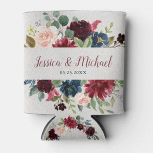 Marsala & Navy Floral Mr & Mrs Wedding Favour Can Cooler