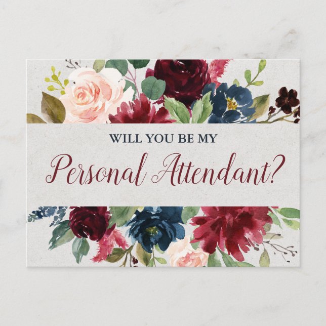 Marsala & Navy Floral Personal Attendant Proposal Postcard (Front)