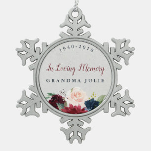Marsala & Navy Floral Personalised Memorial Snowflake Pewter Christmas Ornament