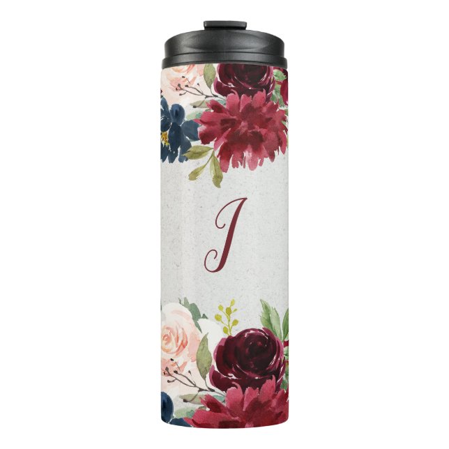 Marsala & Navy Floral Personalised Stainless Steel Thermal Tumbler (Front)