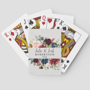 Marsala & Navy Floral Personalised Wedding Favour Playing Cards