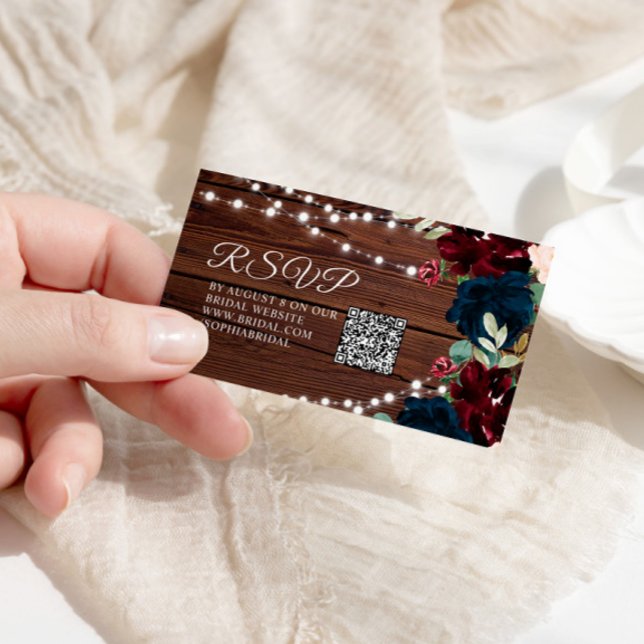 Marsala & Navy Floral Rustic Bridal Shower QR RSVP Enclosure Card (Creator Uploaded)