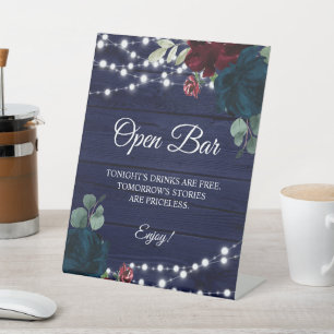 Marsala & Navy Floral Rustic Wood Open Bar Sign