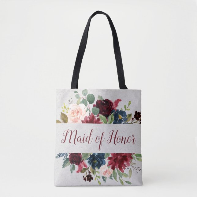 Marsala & Navy Floral Shabby Chic Maid of Honour Tote Bag (Front)