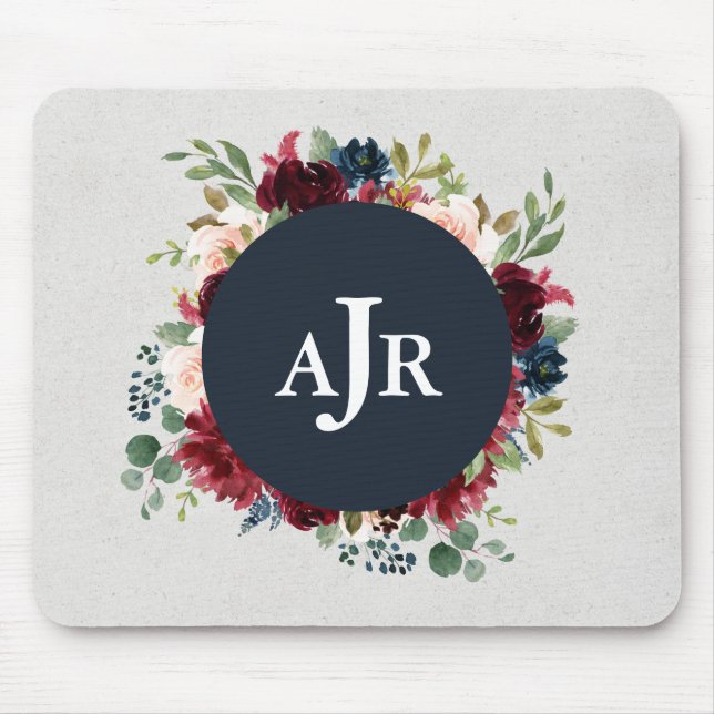 Marsala & Navy Floral Shabby Chic Monogrammed Mouse Mat (Front)