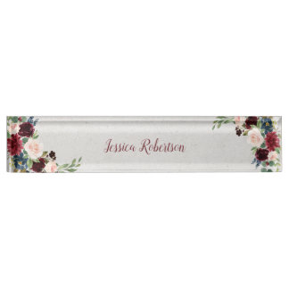 Marsala & Navy Floral Shabby Chic Office Custom Nameplate