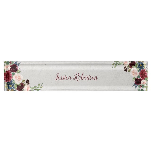 Marsala & Navy Floral Shabby Chic Office Custom Nameplate (Front)