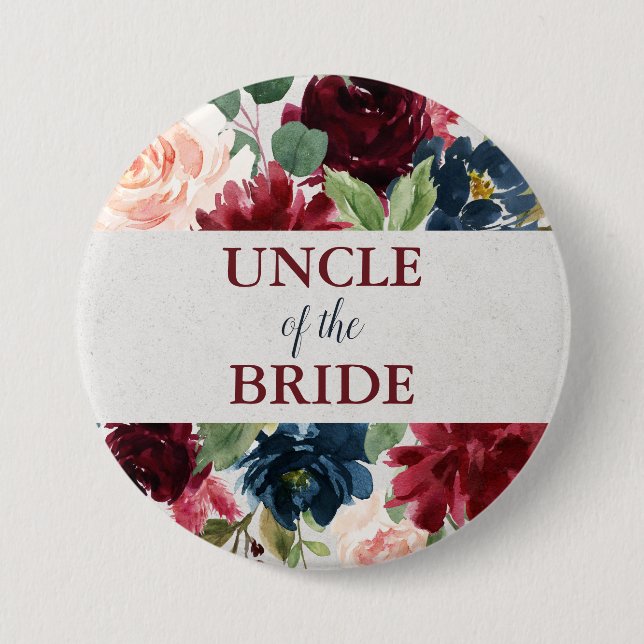Marsala & Navy Floral Shabby Chic Uncle of Bride 7.5 Cm Round Badge (Front)
