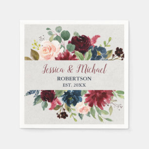 Marsala & Navy Floral Shabby Chic Wedding Cocktail Napkin