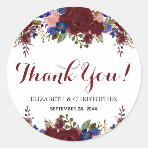 Marsala Navy Floral Wedding Thank You Classic Round Sticker