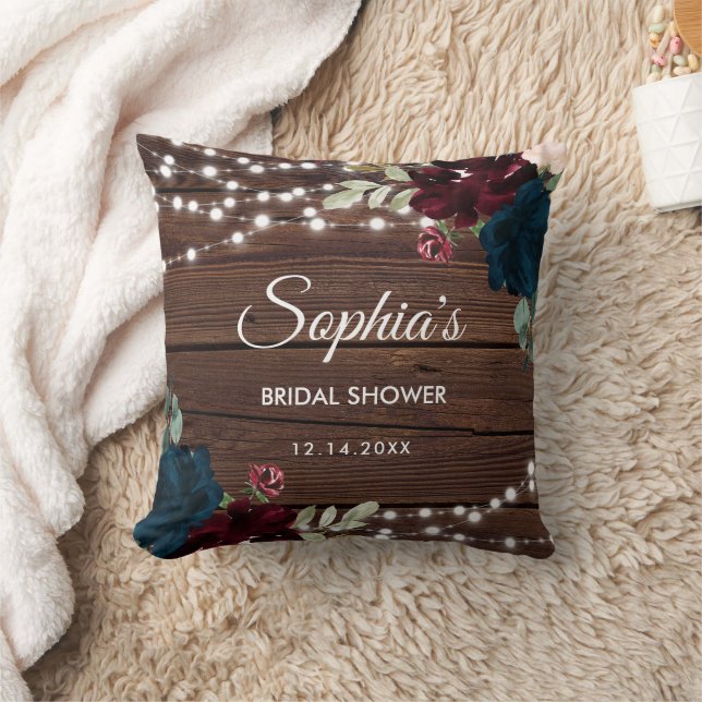 Marsala & Navy Flowers Rustic Bridal Shower  Cushion (Blanket)