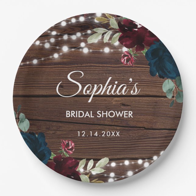 Marsala & Navy Flowers Rustic Bridal Shower  Paper Plate (Front)