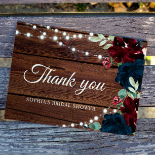Marsala & Navy Flowers Rustic Bridal Shower Thank You Card
