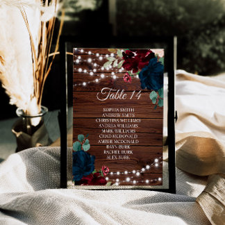 Marsala & Navy Flowers Rustic Seating Chart Cards