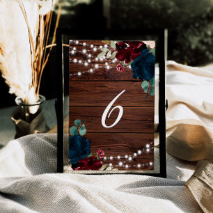 Marsala & Navy Flowers Rustic Wood 6 Table Numbers