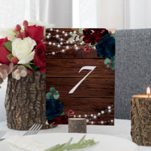 Marsala & Navy Flowers Rustic Wood 7 Table Numbers