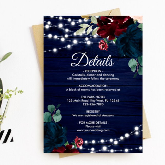 Marsala & Navy Flowers Rustic Wood Details Enclosure Card (Creator Uploaded)