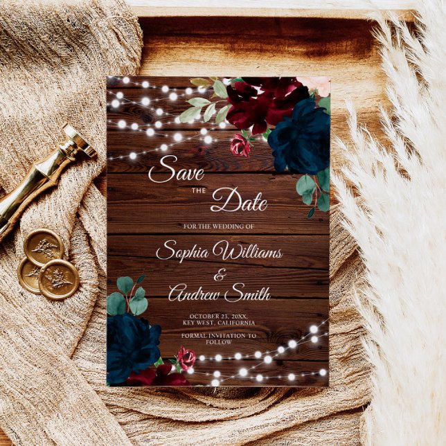Marsala & Navy Flowers Rustic Wood Save The Date (Creator Uploaded)