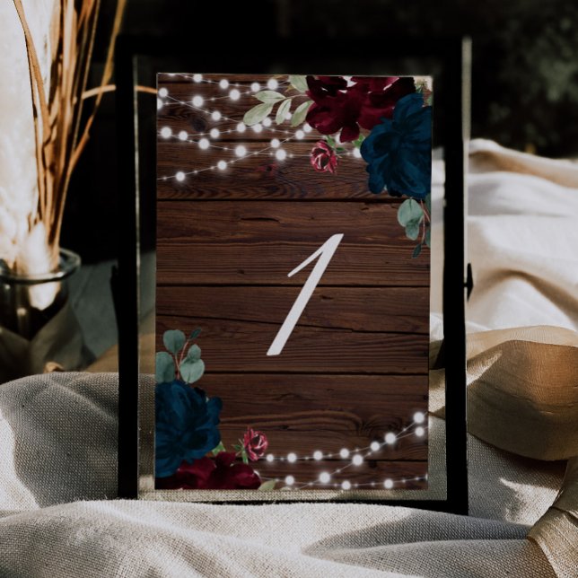 Marsala & Navy Flowers Rustic Wood Table 1 Wedding Number (Creator Uploaded)