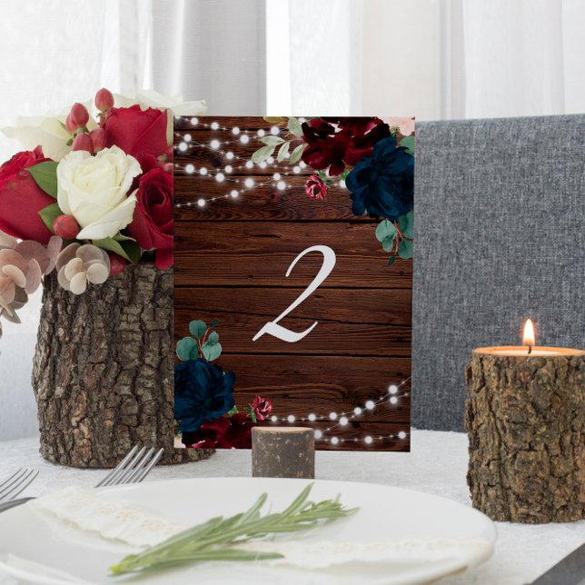 Marsala & Navy Flowers Rustic Wood Table 2 Wedding Number (Creator Uploaded)