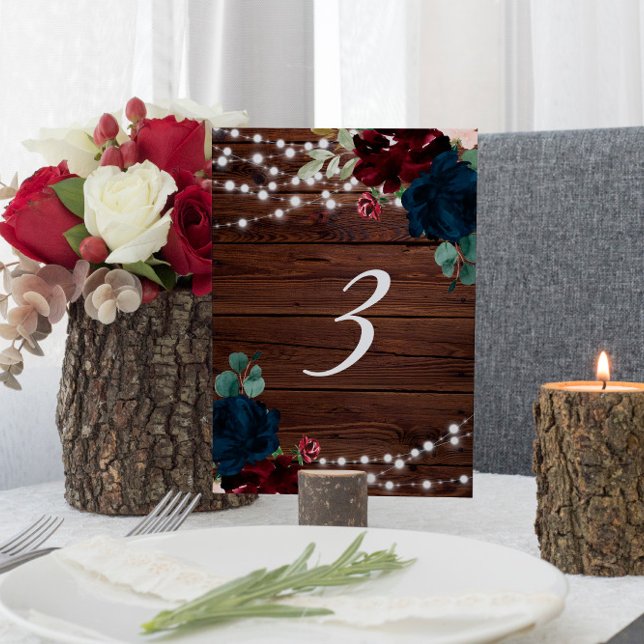 Marsala & Navy Flowers Rustic Wood Table 3 Wedding Number (Creator Uploaded)