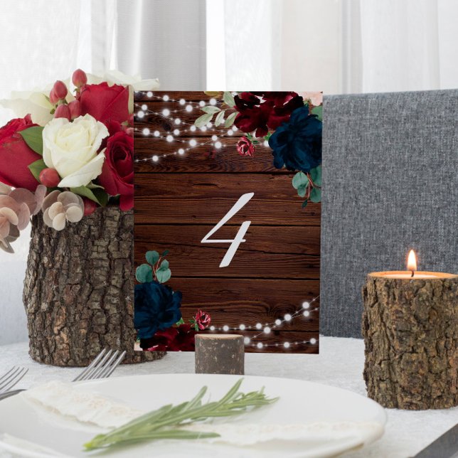 Marsala & Navy Flowers Rustic Wood Table 4 Wedding Number (Creator Uploaded)