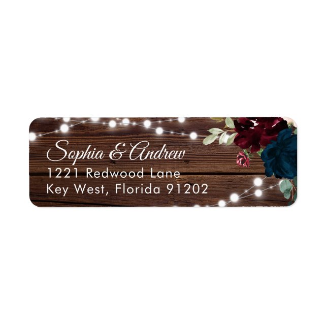 Marsala & Navy Flowers Rustic Wood Wedding Address (Front)