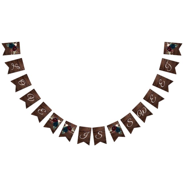 Marsala & Navy Flowers Rustic Wood Wedding Bunting (All)
