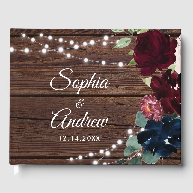 Marsala & Navy Flowers Rustic Wood Wedding Guest Book (Front)