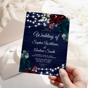 Marsala & Navy Flowers Rustic Wood Wedding Invitat Invitation