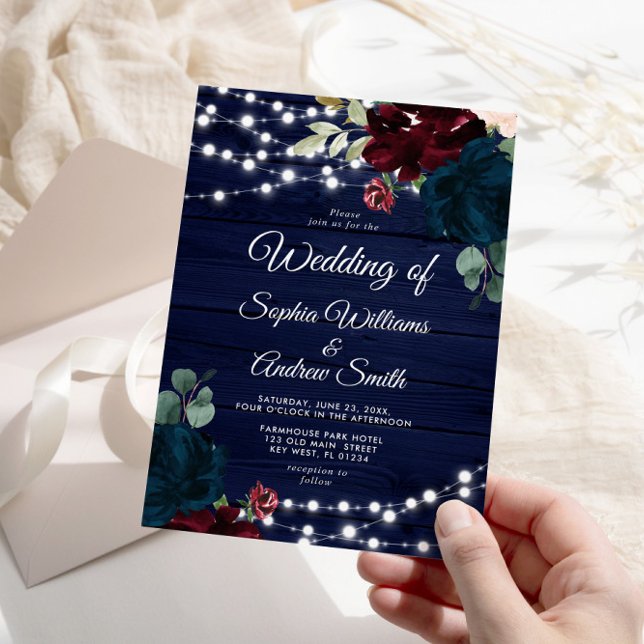 Marsala & Navy Flowers Rustic Wood Wedding Invitat Invitation (Creator Uploaded)