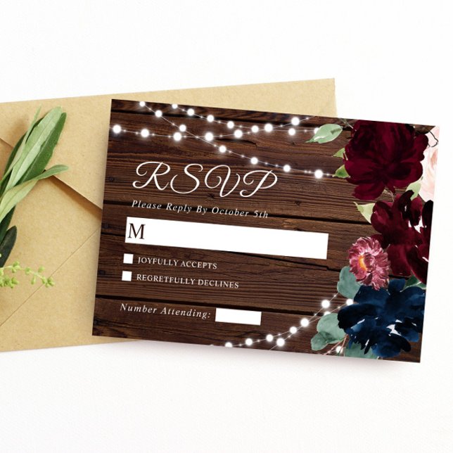 Marsala & Navy Flowers Rustic Wood Wedding RSVP (Creator Uploaded)