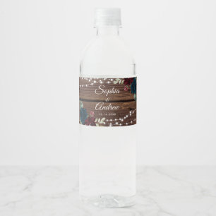 Marsala & Navy Flowers Rustic Wood Wedding Water Bottle Label
