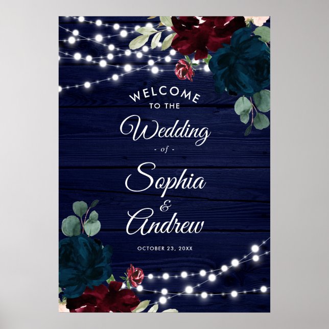 Marsala & Navy Flowers Rustic Wood Welcome Sign (Front)