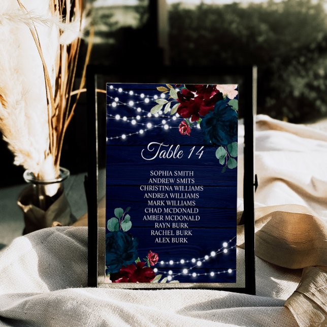 Marsala & Navy Flowers Wood Seating Chart Cards (Creator Uploaded)