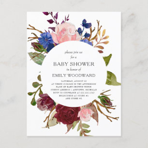 Marsala Navy Pink Rustic Floral Circle Baby Shower Invitation Postcard