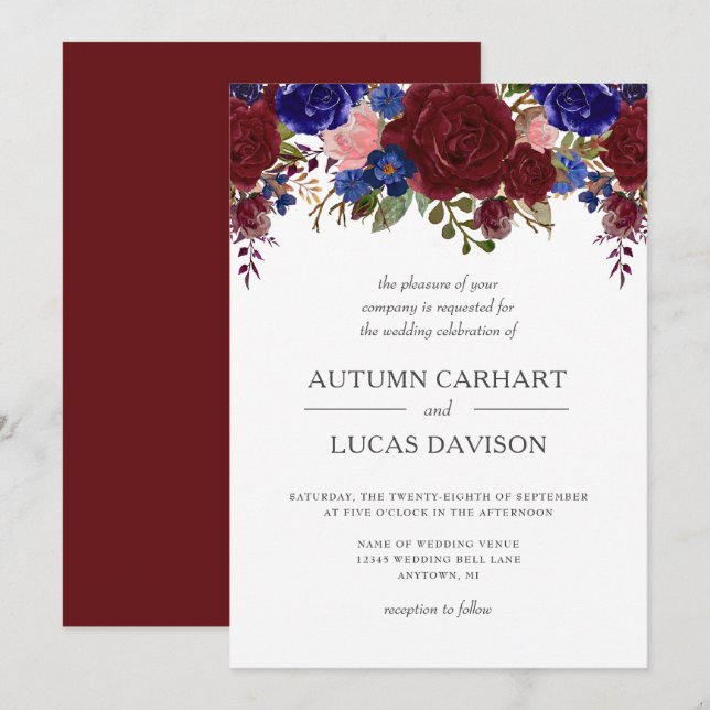 Marsala Navy Pink Rustic Floral Wedding Invitation (Front/Back)