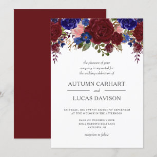 Marsala Navy Pink Rustic Floral Wedding Invitation