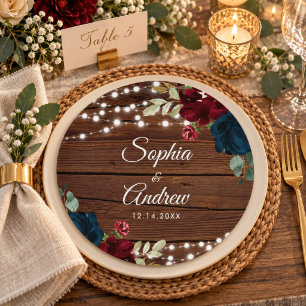 Marsala & Navy Rustic Wood Wedding Paper Plate