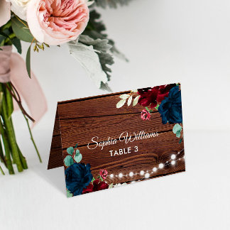 Marsala & Navy Rustic Wood Wedding Place Card