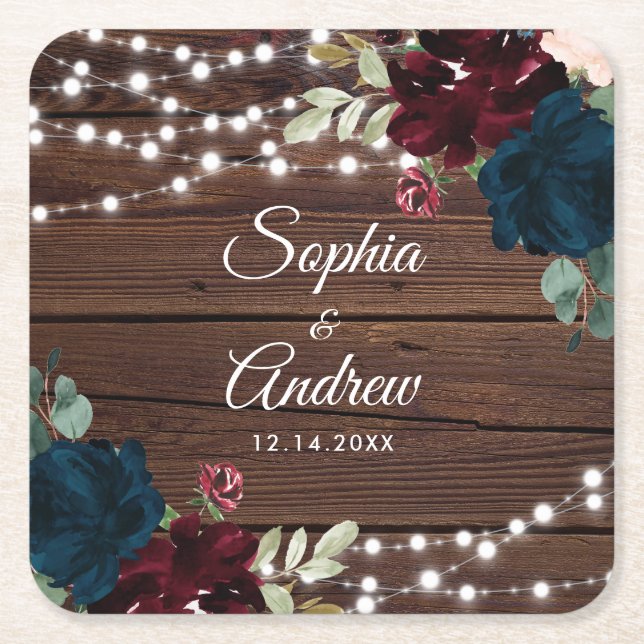 Marsala & Navy Rustic Wood Wedding Square Paper Coaster (Front)