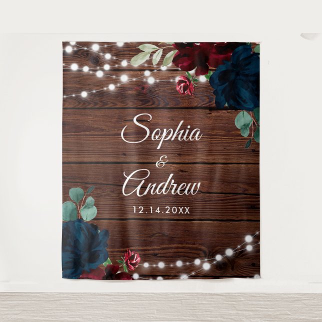 Marsala & Navy Rustic Wood Wedding Tapestry (Front)