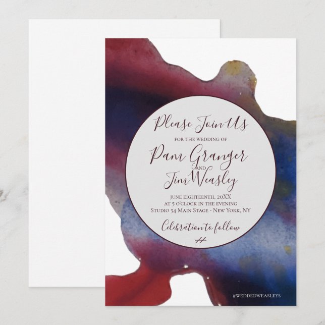 Marsala & Navy Watercolor Wedding Invitation (Front/Back)