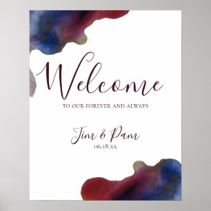Marsala Navy Watercolor Wedding Welcome Sign